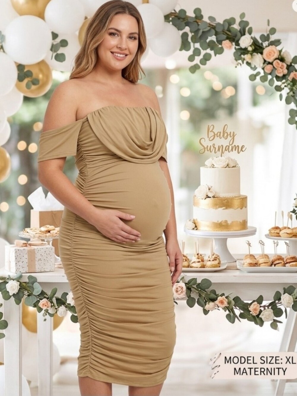 Maternity Camel Ruched Off-Shoulder Bodycon Midi Dress - Size XL NWOT